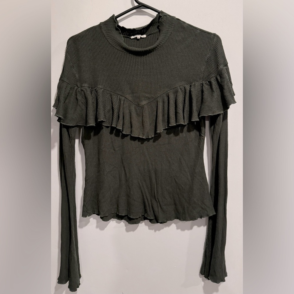 Tularosa Jenaya blouse top Hunter Green ruffle ribbed office party stretch top M